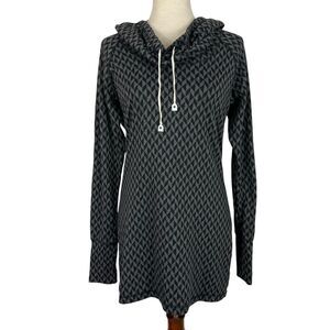 Betabrand Top Women Medium Cowl Neck Tunic Hooded Black Gray Geometric Comfy USA